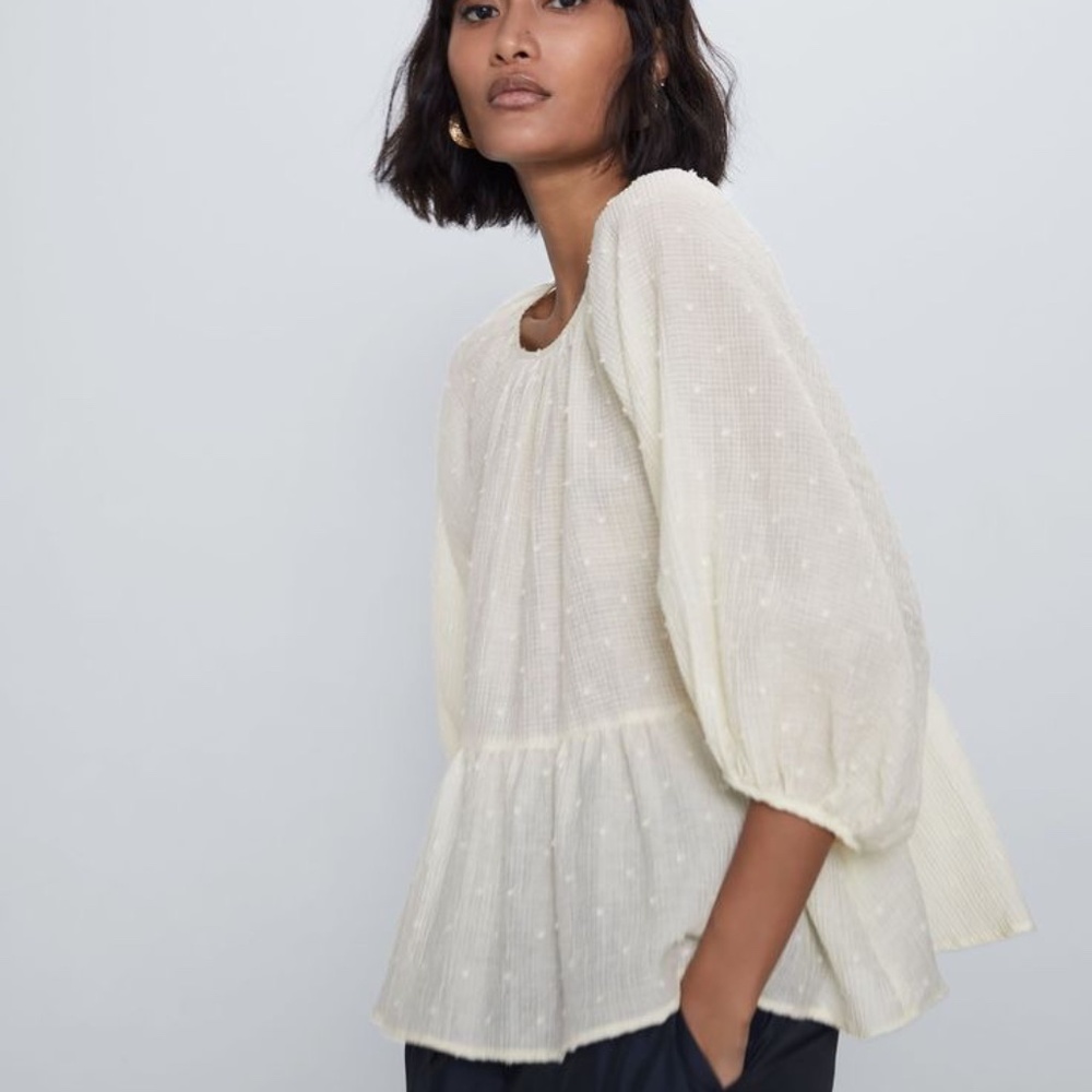 Zara Swiss Dot Ecru Statement Puff Sleeve Peplum Top